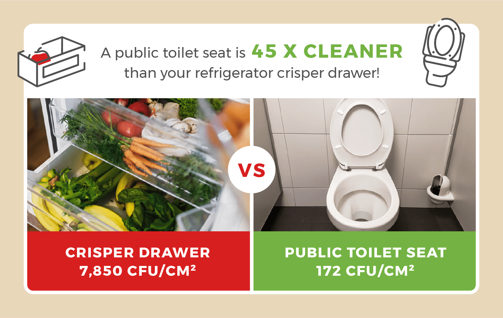 A public toilet seat is 45 times cleaner than a vegetable drawer.