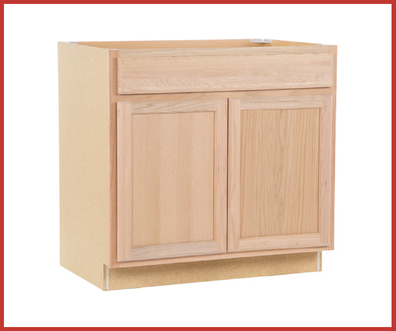 Low-quality construction cabinet made of particle board or fiberboard.