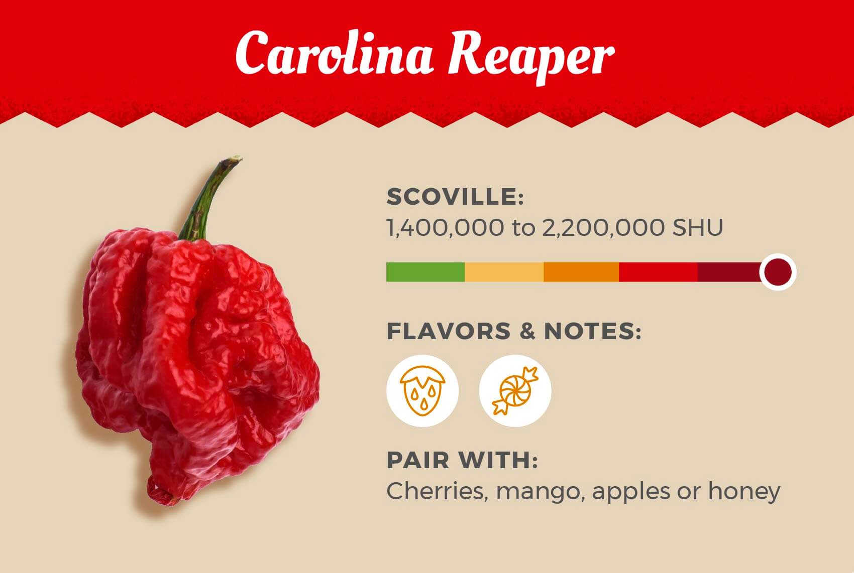 Carolina Reaper is the #1 hottest pepper on this list with a high score of 2.2 million Scoville heat units, pair with cherries, mango or honey.