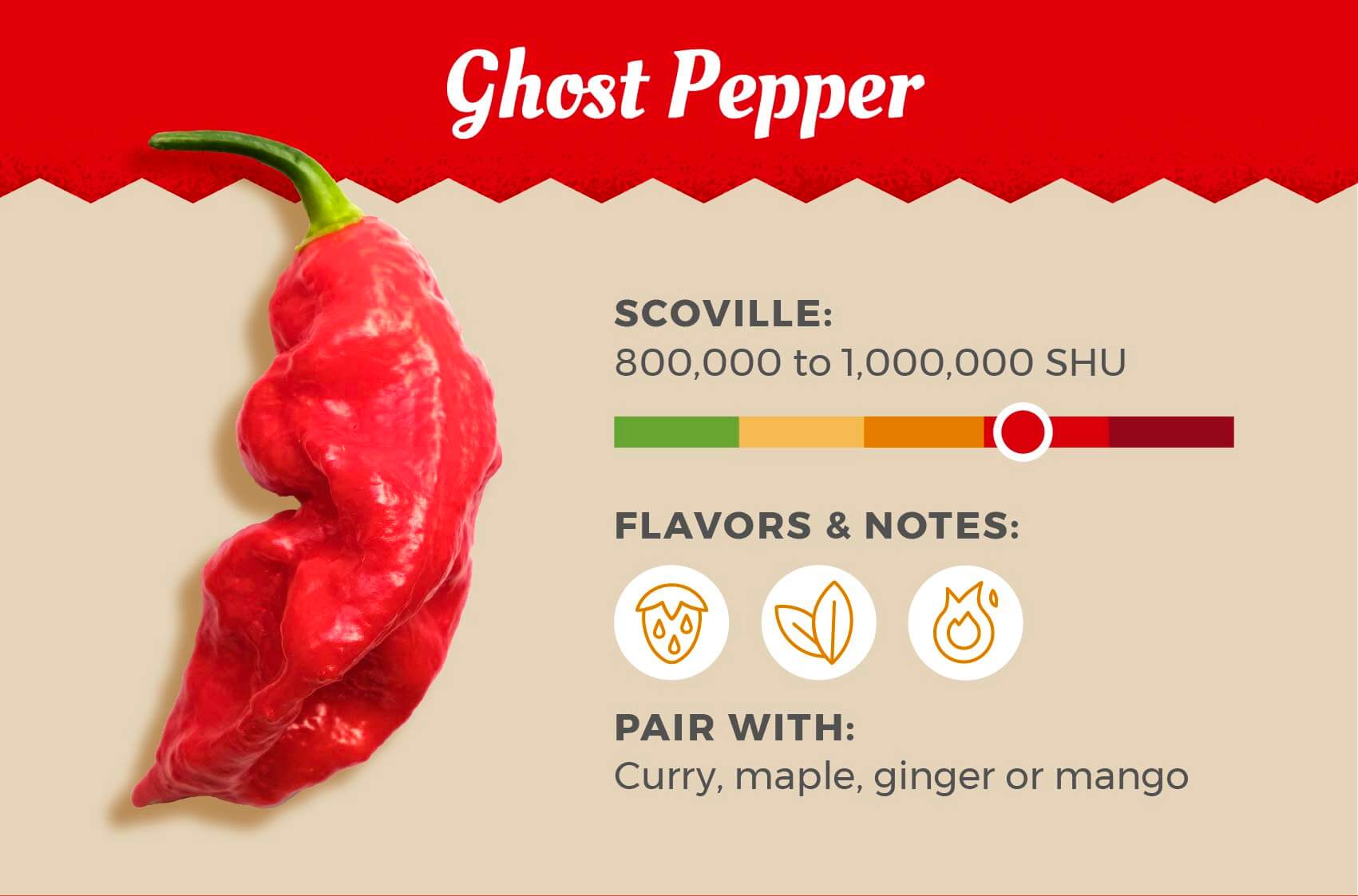 Ghost Pepper is the number 7 hottest pepper on this list with a high score of 1 million Scoville heat units, pair it with curry, maple ginger or mango.